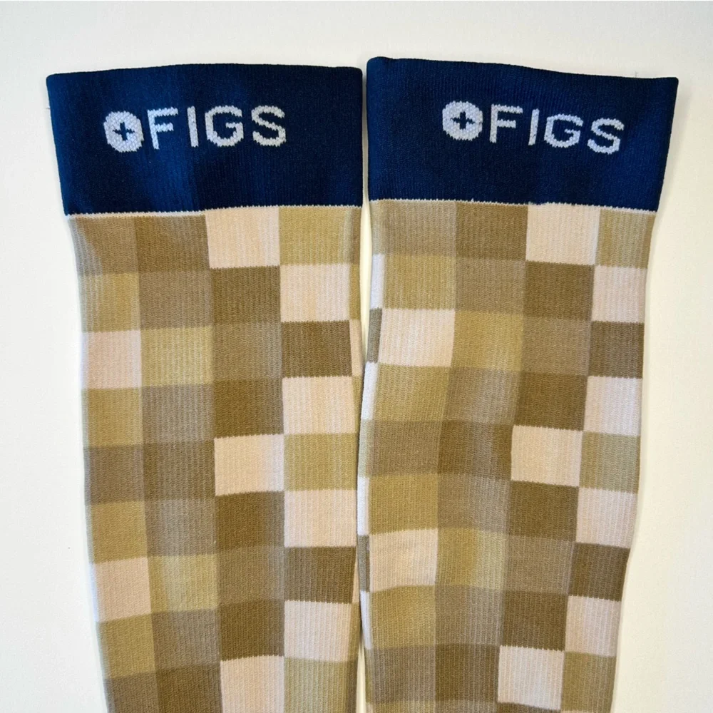 FIGS New Checks Compression Socks 100% AWESOME Small Tan Navy Blue White